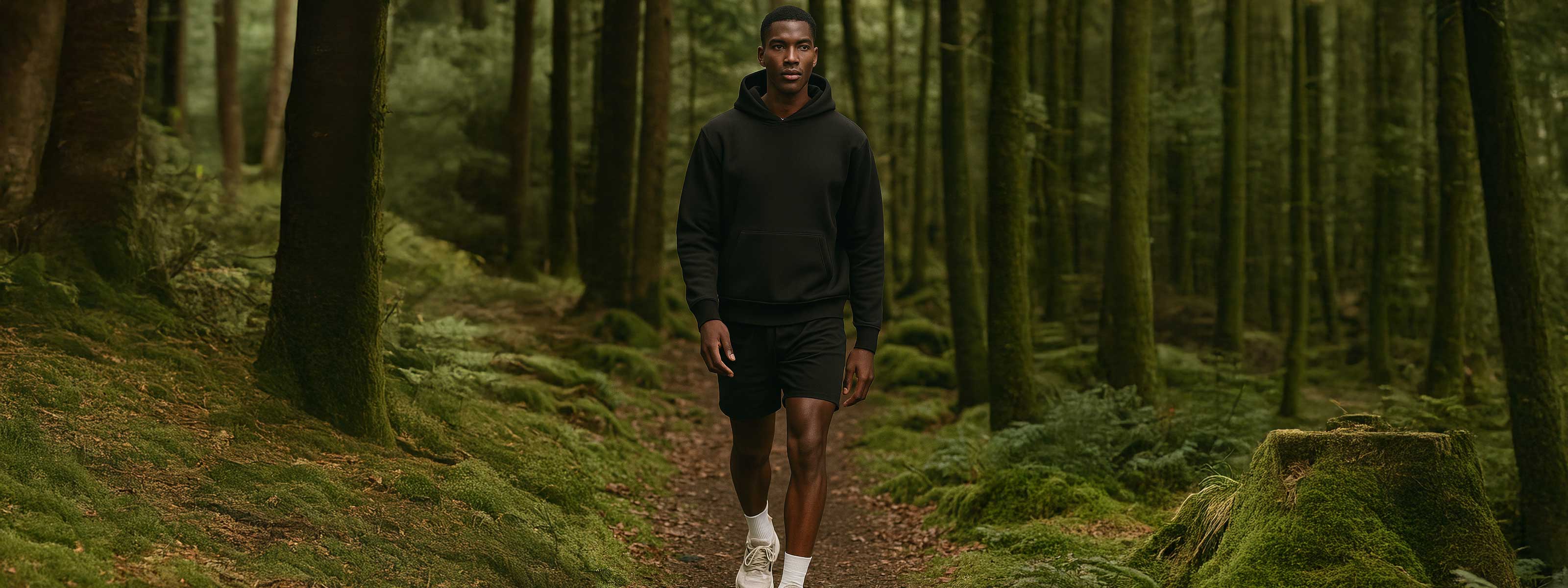 Man walking through a forest path with dense greenery