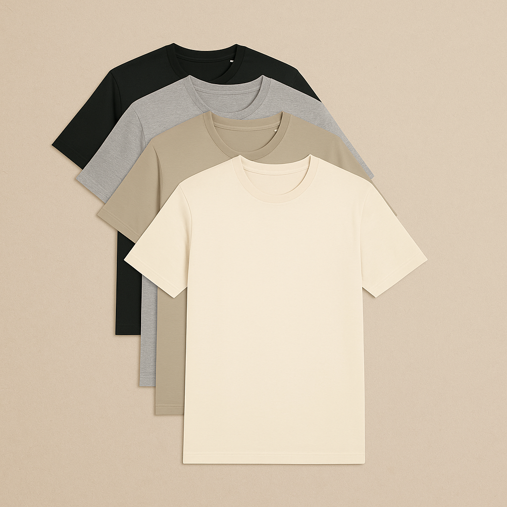 Four plain t-shirts in black, gray, beige, and cream on a beige background