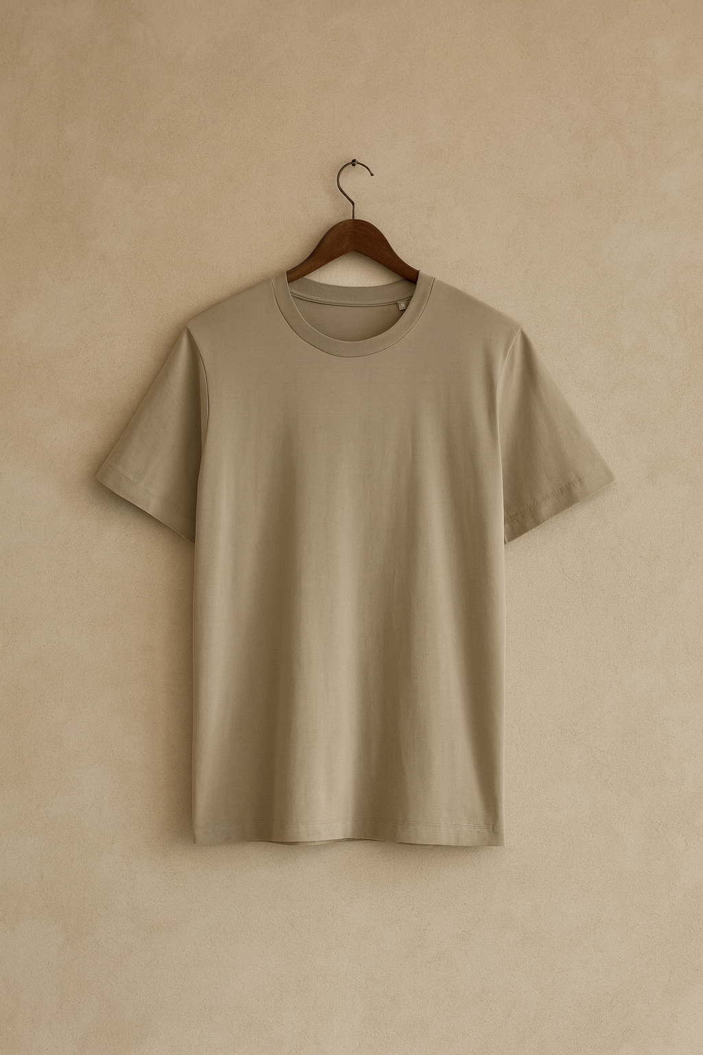 Beige t-shirt on a hanger against a beige wall