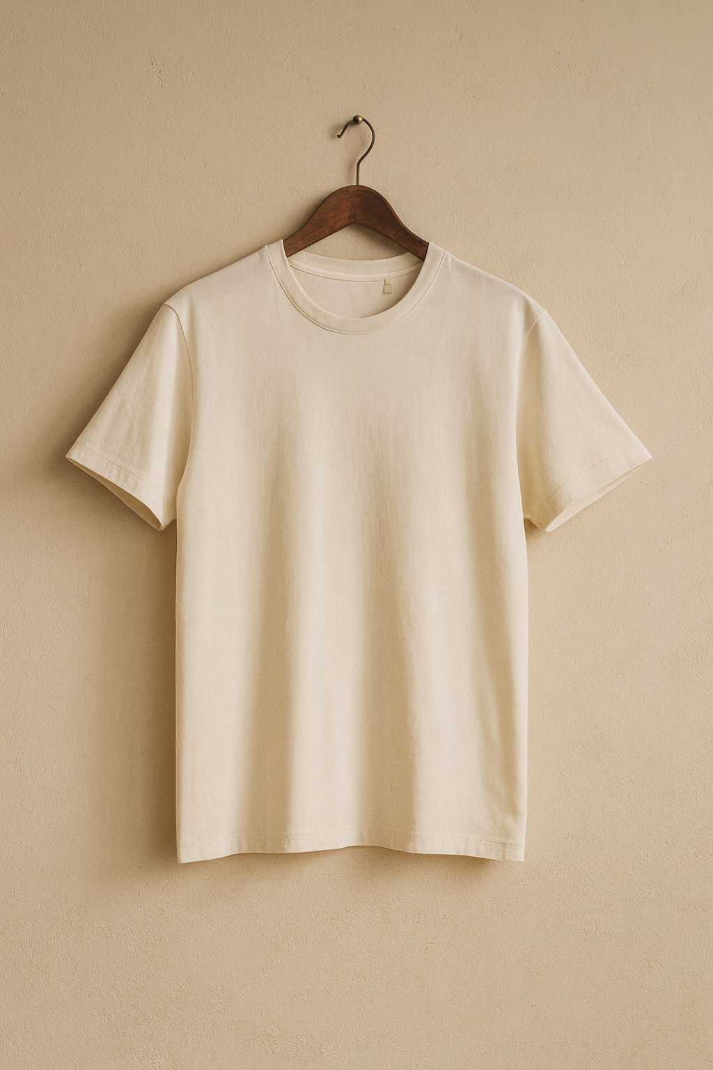 Beige t-shirt on a wooden hanger against a beige wall