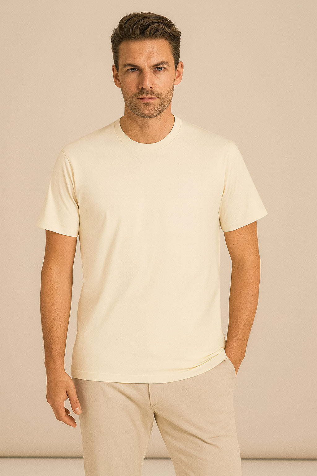 Man wearing a light-colored t-shirt and pants against a beige background