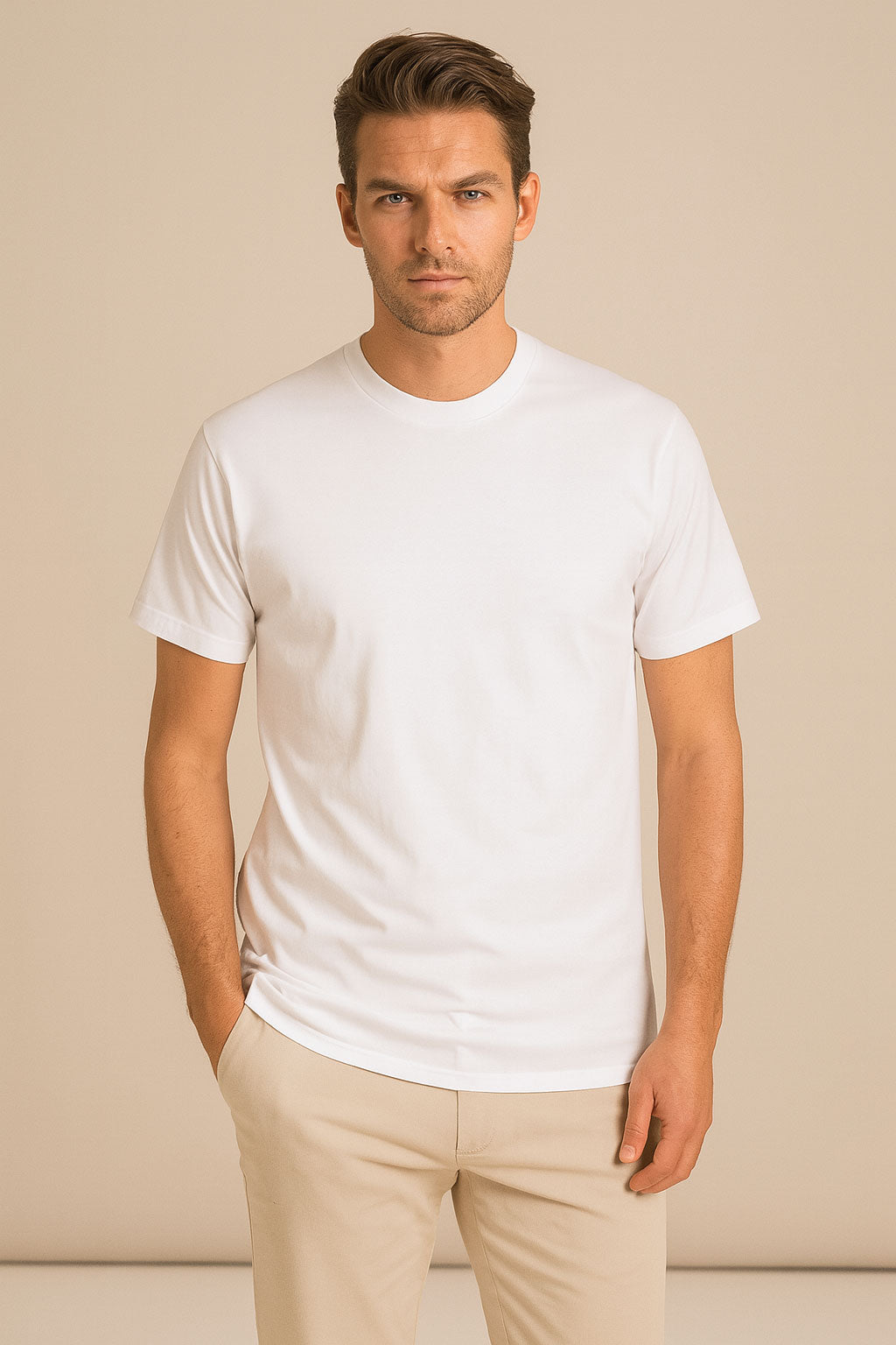 Man wearing a plain white t-shirt and beige pants against a beige background